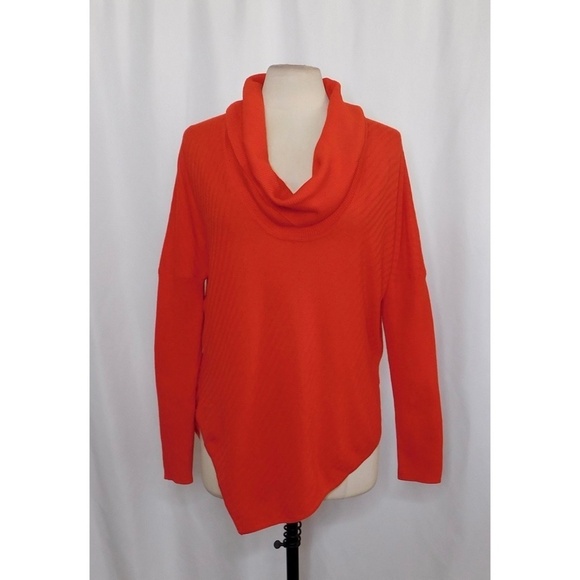 ST. JOHN Red Orange Cowl Neck Wool Asymmetrical Pullover Sweater Knitwear Medium - Picture 1 of 11
